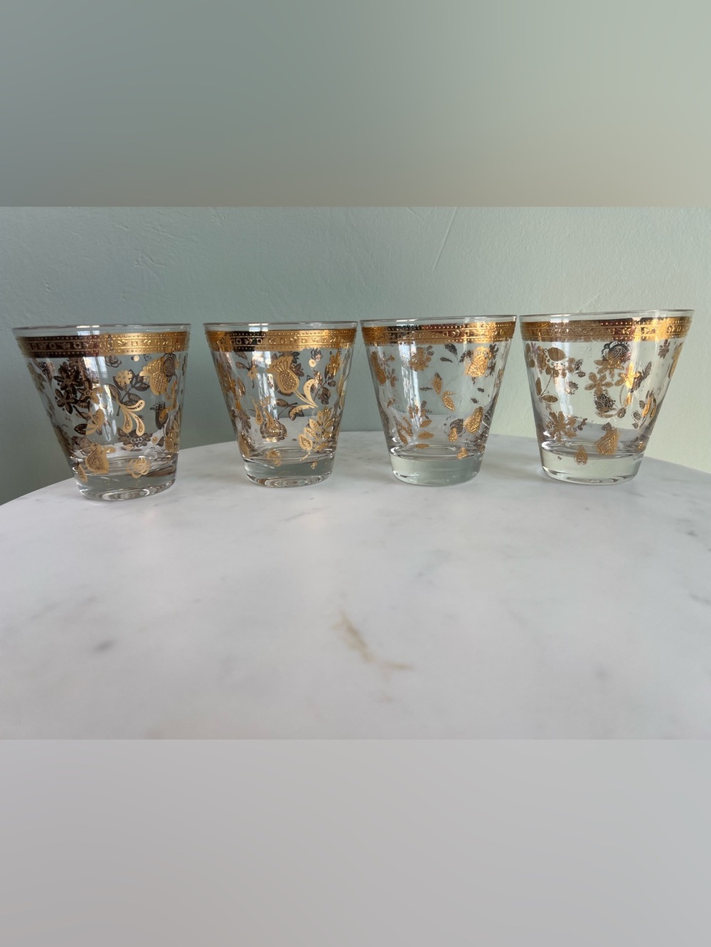 Vintage MCM Signed Culver Chantilly 22K Gold Double Old Fashioned Glasses